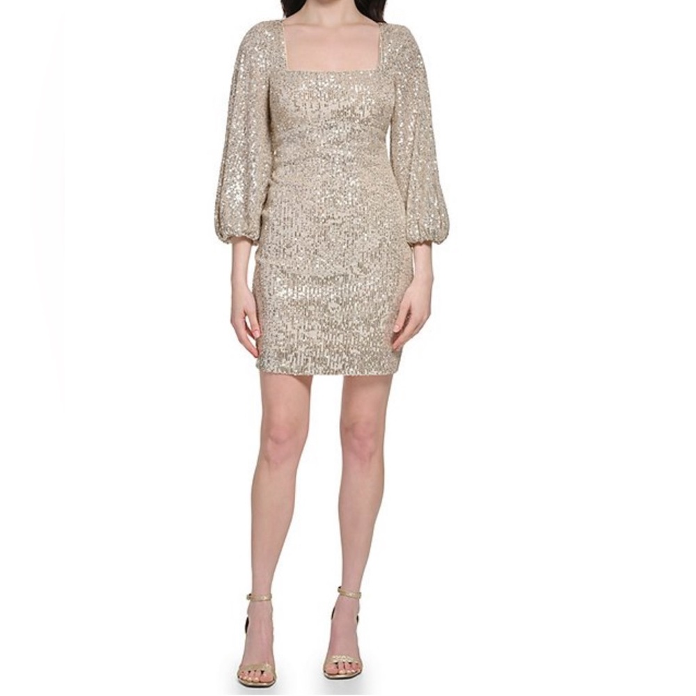 Eliza J Stretch Sequin Square Neck 3/4 Balloon Sleeve Sheath Dress Size 10 NEW
